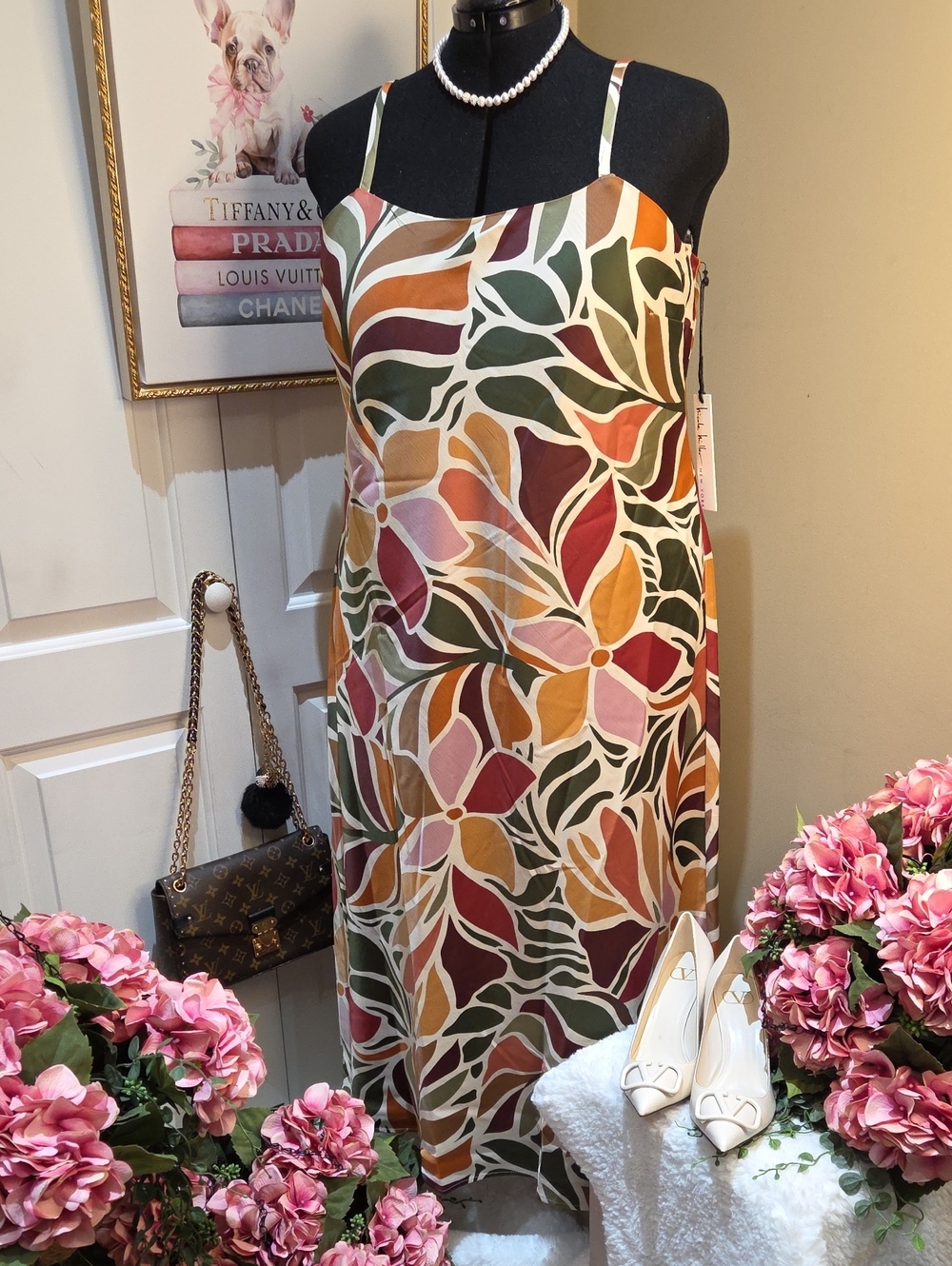 Nwt 2X NICOLE MILLER Floral Leaf Print Maxi Slip Dress in Multi Color